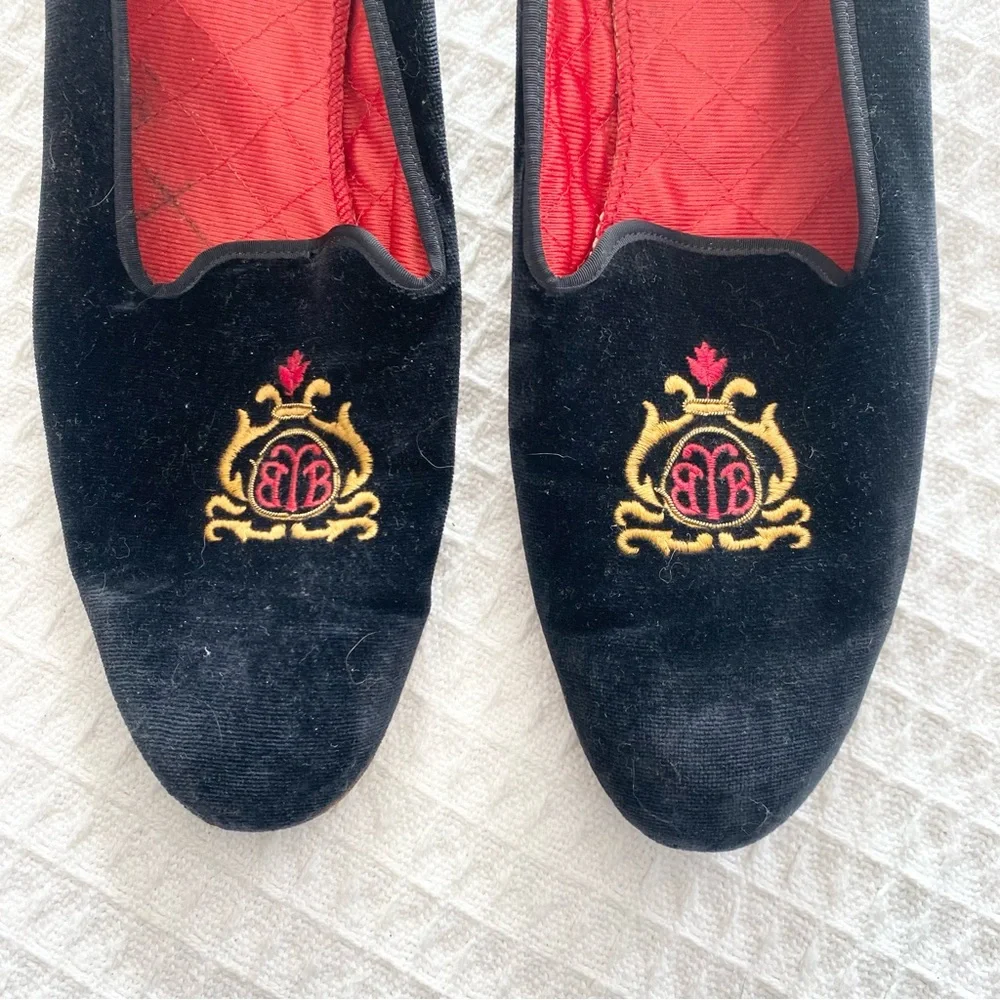 Peal & Co. for Brooks Brothers Black Velvet Loafers with Gold Embroidery size 10